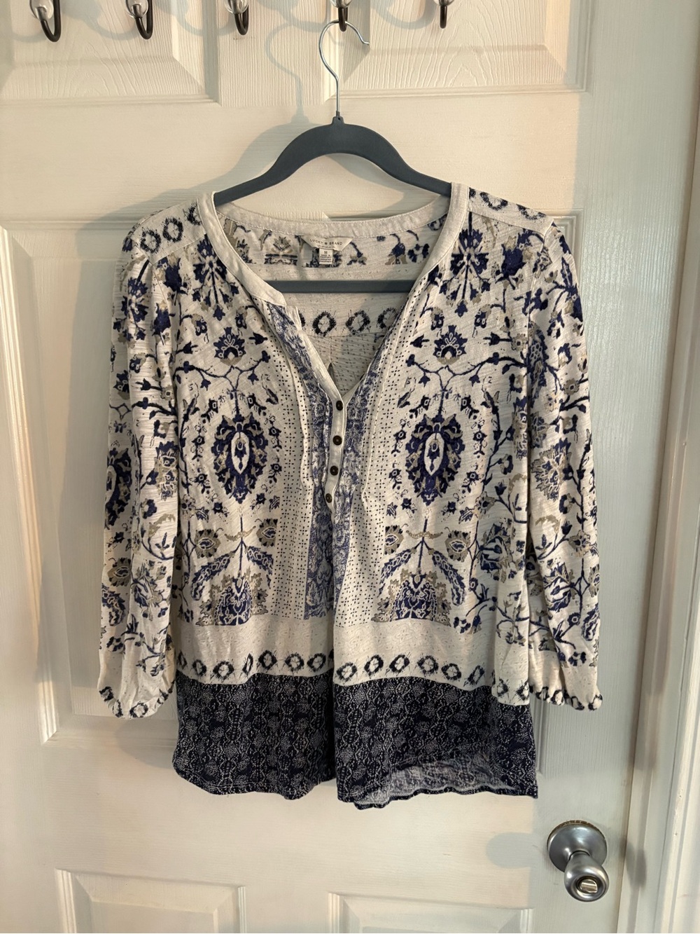 Ladies Artisanal Woodblock-Inspired paisley blue cotton knit M top boho shirt